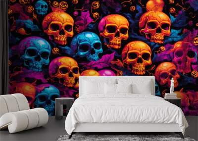 halloween pattern with skulls and pumpkin Wall mural