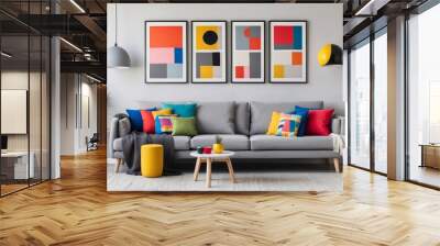 Light grey sofa with colorful multicolored pillows against wall with four art poster frames. Pop art, scandinavian home interior design of modern living room Wall mural