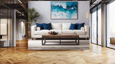 Live edge accent coffee table near white sofa with blue pillows against wall with big poster frame. Coastal home interior design of modern living room. Wall mural