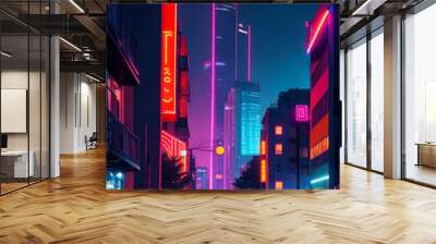 Urban Night Cityscape Neon Cyberpunk Style Illustration Wall mural