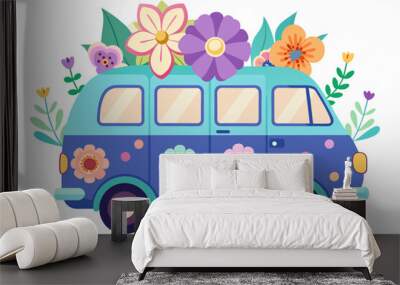 A charming van cartoon with colorful flowers adorns a pure white background. Wall mural