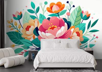 Charming abstract flowers in vibrant hues dance gracefully on a pristine white background. Wall mural