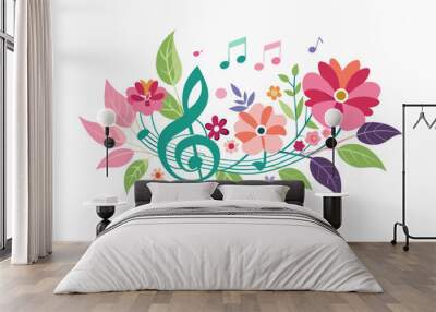 Charming music logo with colorful flowers on a white background Wall mural