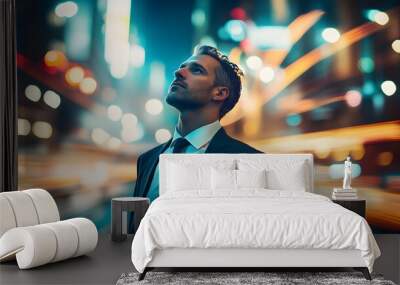 A businessman standing in the city at night, surrounded by light trails from passing cars Wall mural