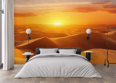 A stunning desert sunset over sand dunes, casting long shadows and creating an otherworldly atmosphere in the vast expanse of natural beauty Wall mural