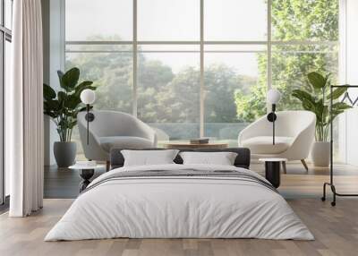 Two armchairs and a coffee table in a minimal, modern living room with a white wall mock-up background, panoramic view, wide angle, large floor-to-ceiling windows, wooden flooring, minimal style Wall mural