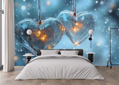 Two glowing glass hearts hang from the branches of an ice-covered tree, set against a snowy background with bokeh lights and a blue color scheme Wall mural