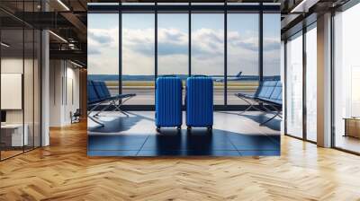 3d render of blue travel luggage and modern airport waiting area with two empty chairs and large windows overlooking the runway. Wall mural