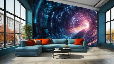 3D Rendering of abstract wire cable tunnel with digital binary data transmitting. Depth of field effect. Inside AI concept. Technology, machine learning, big data, virtualization. Product background Wall mural