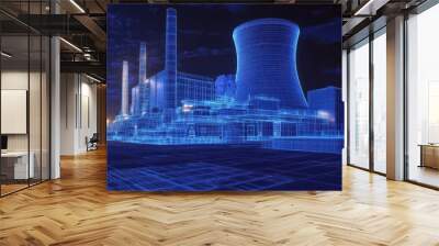 5w A digital art rendering of the nuclear power plant with blue glowing accents, showcasing energy production and technology elements in a wireframe Wall mural