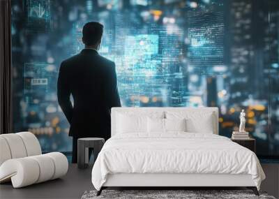 A businessman collaborates with AI algorithms, fostering innovation in a high-tech environment to stay ahead Wall mural