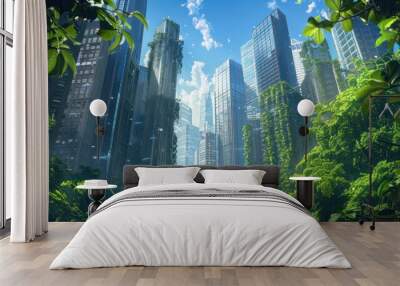 A bustling urban cityscape featuring a vibrant business district with towering skyscrapers, framed by lush green plants, highlighting the harmony between nature and urban development. Wall mural