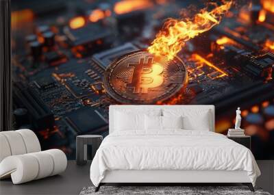 A close up of a bitcoin on a computer motherboard that is on fire. Wall mural