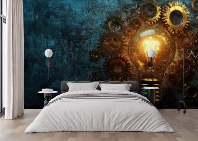 A conceptual image showcasing business innovations with a lightbulb and gears representing creative solutions in a corporate setting. Wall mural