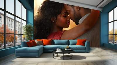 a cute beautiful black african american couple cuddling hugging and kissing each other on a romantic day at valentines day 14th february. wallpaper background Wall mural