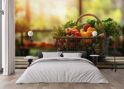 A detailed view of a grocery basket filled with healthy food options, with a clean background and ample copy space for grocery shopping tips Wall mural