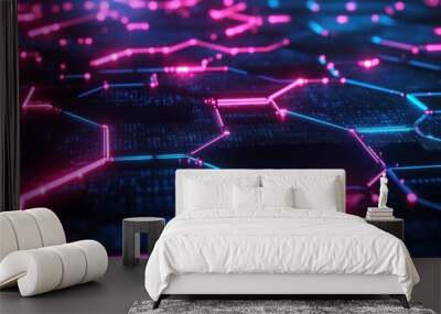 A digital background of futuristic neon hexagons, symbolizing advanced technology networks Wall mural