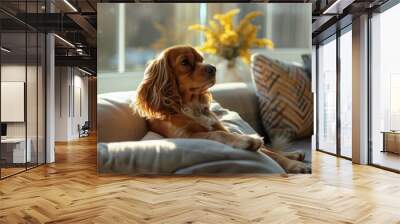 A dog sitting comfortably on a couch in front of a window, perfect for interior designs, pet lovers or advertising purposes Wall mural