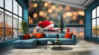 A festive scene featuring a Santa hat and two ping pong paddles with a small Christmas tree, set against a bokeh background of Christmas lights on a ping pong table. Wall mural