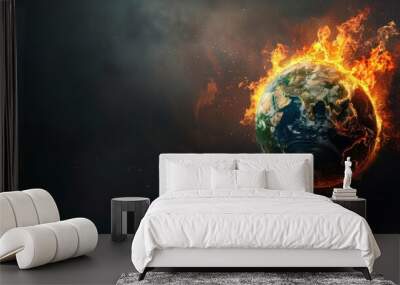 A globe ablaze flames engulfing continents symbolizing global crisis or environmental disaster against a dark sky Wall mural