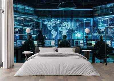 a group of crisis communication experts in a futuristic command center, coordinating their response strategy with advanced communication tools, offering ample copy space for text Wall mural