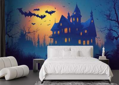 A haunted house with bats and spiders. Halloween background Wall mural