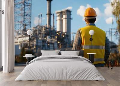 A man in a yellow vest and hard hat stands in front of a power plant Wall mural