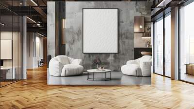 A stylish living room with modern furniture, a blank poster on a concrete wall, and a kitchen in the background. Generative AI hyper realistic  Wall mural