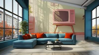 A vintage pink television set sits on a charming wooden stand, adding a touch of retro elegance to any living space Wall mural