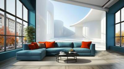 Abstract 3d white architecture interior for design, modern, contemporary, indoor and outdoor, curved wall, blue architecture, with sunny day. hyper realistic  Wall mural