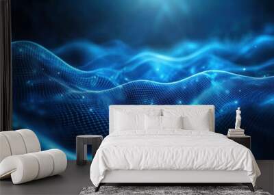 Abstract blue tech background with digital waves, dynamic network system, artificial neural connections, cyber quantum computing and electronic global intelligence Wall mural