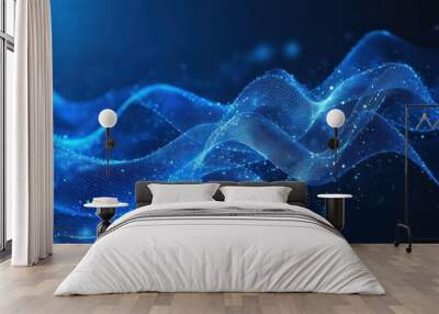 Abstract blue tech background with digital waves, dynamic network system, artificial neural connections, cyber quantum computing and electronic global intelligence Wall mural