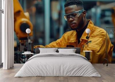 African American engineer working with automatic robotic arm machine in a factory Wall mural