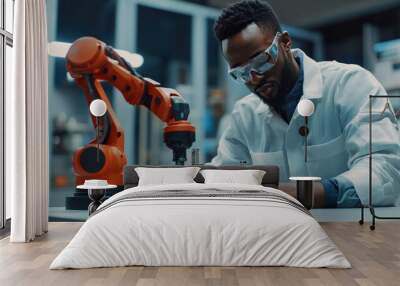 African American engineer working with automatic robotic arm machine in a factory Wall mural