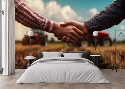 agribusiness handshake business deal agreement between businessman and farmer, purchase sell tractor farm machinery equipment, partnership cooperation collaboration in agriculture business. Wall mural