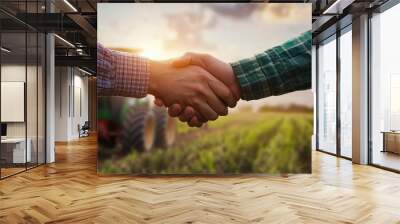 agribusiness handshake business deal agreement between businessman and farmer, purchase sell tractor farm machinery equipment, partnership cooperation collaboration in agriculture business. Wall mural