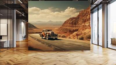 American desert road in wild west with vintage car  Wall mural