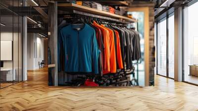 An assortment of fashionable and functional cycling apparel made from lightweight fabrics, displayed in a minimalist urban bike shop. Wall mural