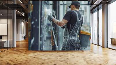 An employee of a professional cleaning service in overalls washes the glass of the windows of the facade of the building. Showcase cleaning for shops and businesses hyper realistic  Wall mural