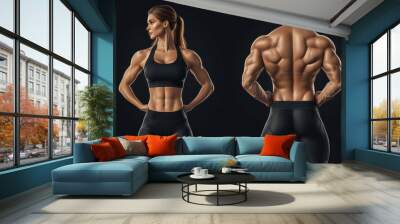 Athletic muscular woman and man torsos on a black background. Layout concept for a gym or fitness training. Wall mural