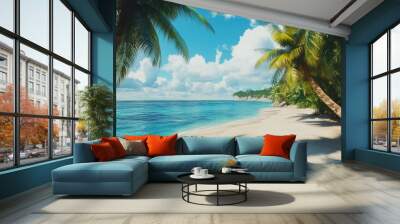 Beautiful beach with palms and turquoise sea in Jamaica island. Wall mural