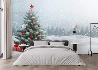 Beautiful Christmas t tree in winter landscape, illustration. space for text transparent background Wall mural