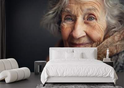 Beautiful old lady, incredible old age, seniorita grandmother granny elderly woman gray hair portret cute cheerful happy fun pretty smiling fashionable. Wall mural