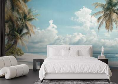 Beautiful tropical beach banner. White sand and coco palms travel tourism wide panorama background concept. Amazing beach landscape Wall mural