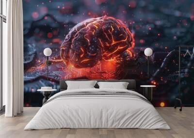 Big data and artificial intelligence concept. Human brain glowing from processor, symbolizing the fusion of human intelligence and machine learning capabilities. Evolution of technology of data. Wall mural