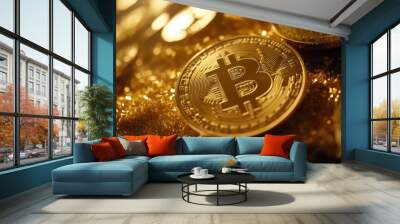 Bitcoin crypto coin money digital background currency gold concept virtual payment. Cryptocurrency coin bit bitcoin crypto exchange technology business finance future market blockchain mining trade Wall mural