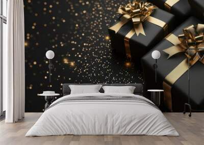 Black gift boxes with gold ribbons on a black background with sequins. Gift, New Year, Christmas, Black Friday transparent background Wall mural