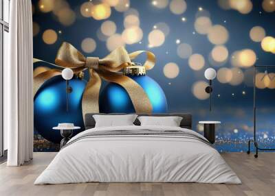 Blue Christmas balls with gold ribbon and bow on bokeh background Wall mural