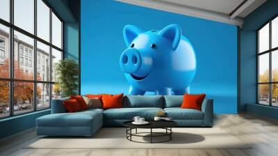 Blue piggy bank with a playful smile, on a vibrant blue background. generative ai Wall mural