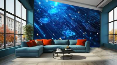 blue tech background with icons and blue wires Wall mural